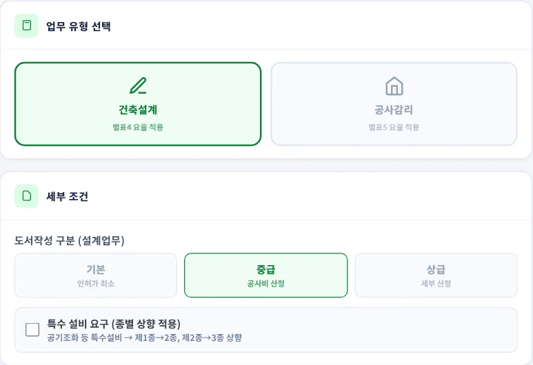 업무 유형 선택 · 세부 조건 카드