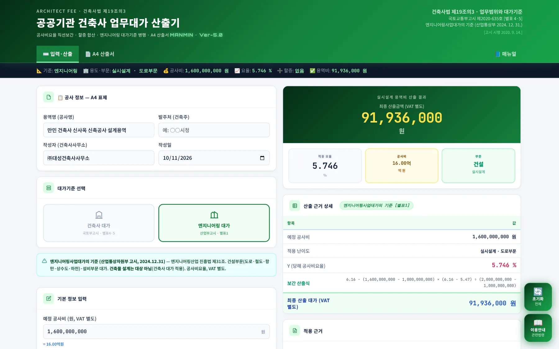엔지니어링 대가 — 건설부문 · 실시설계 · 도로 · 16억원