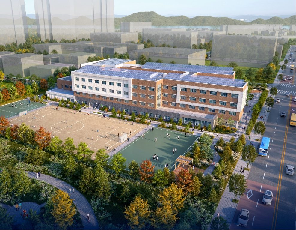 군산남중학교 이전신축 조감도 — 교사동·운동장 전경