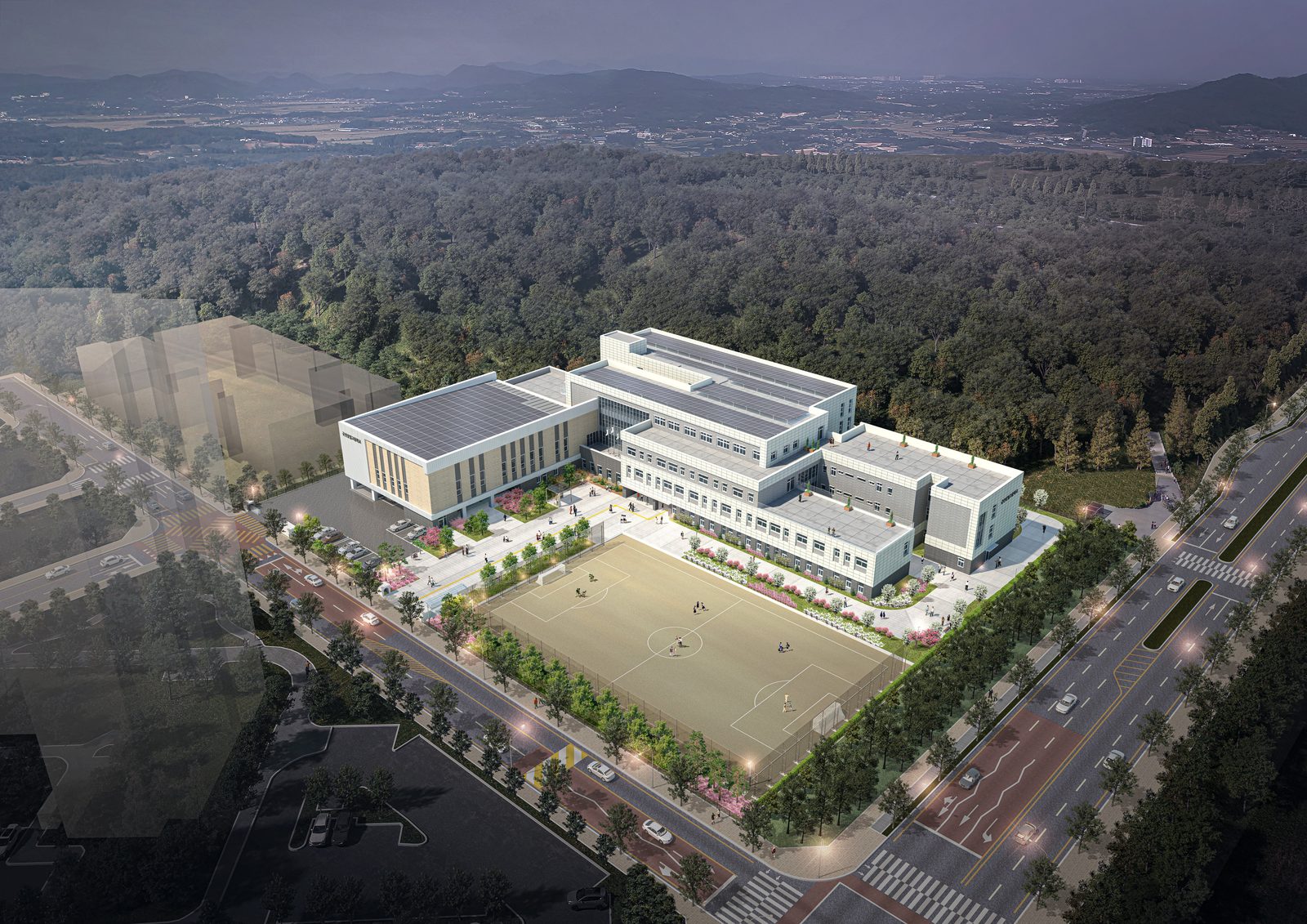 군산상일고등학교 이전신축 야간 조감도 — 교사동·체육관·운동장
