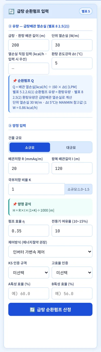 급탕 순환펌프 입력 — 열손실 기준