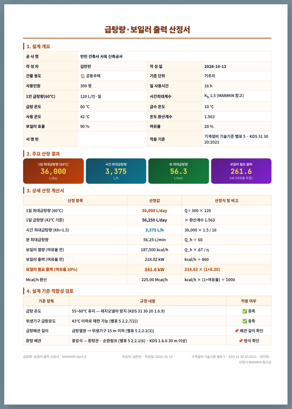A4 급탕량 · 보일러 출력 산정서 — 예제 A