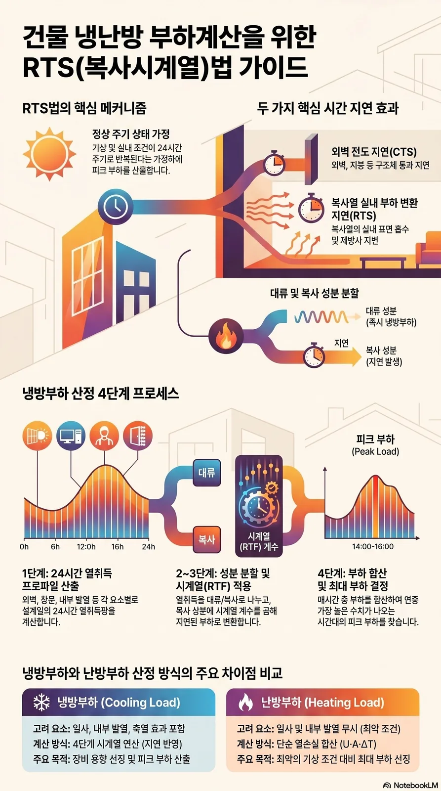 MANMIN Ver3.0 건물 냉난방 부하계산 RTS(복사시계열)법 가이드 인포그래픽 — CTS 외벽 전도 지연, RTS 복사열 실내 부하 변환 지연, 냉방부하 4단계 프로세스