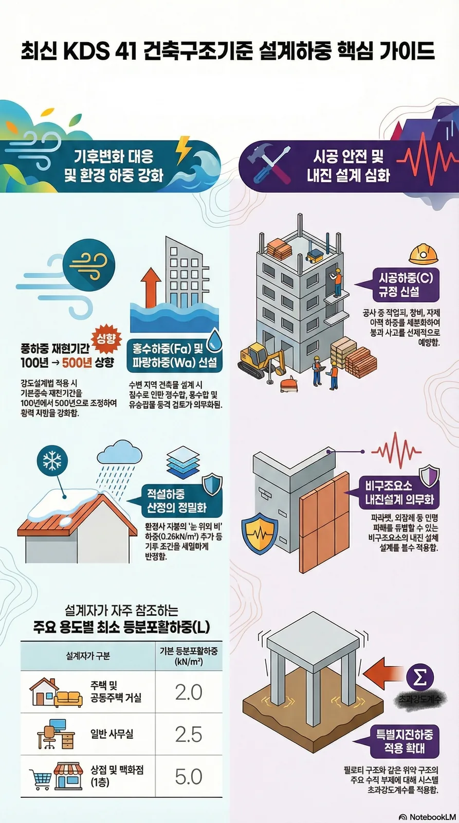 MANMIN Ver1.0 최신 KDS 41 건축구조기준 설계하중 핵심 가이드 인포그래픽 — 풍하중 500년 재현기간, 홍수·파랑하중 신설, 비구조요소 내진설계 의무화, 용도별 등분포활하중