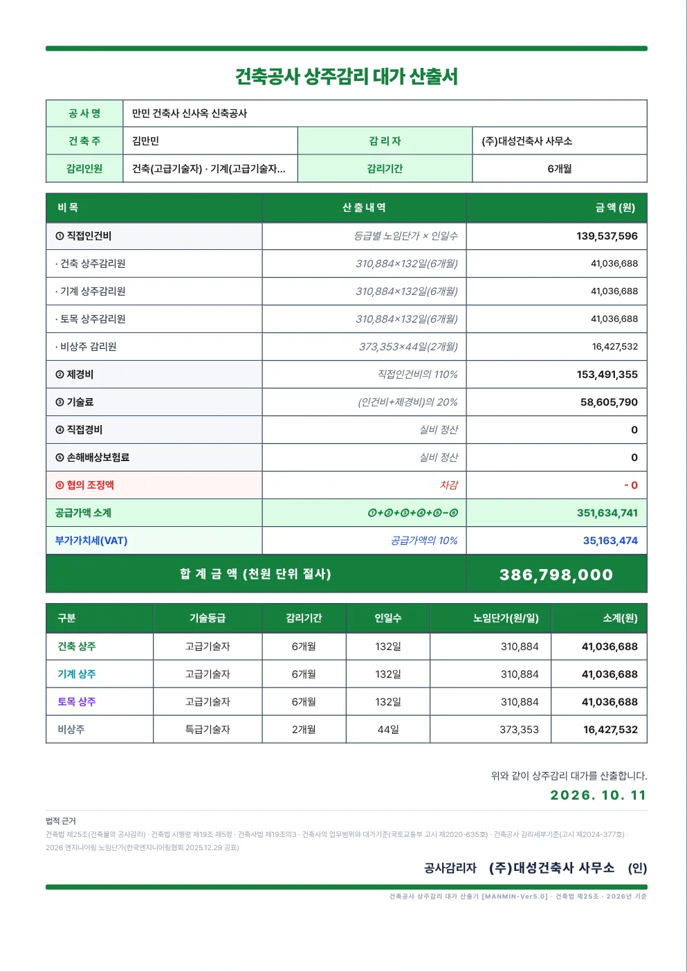 예제 A 산출서
