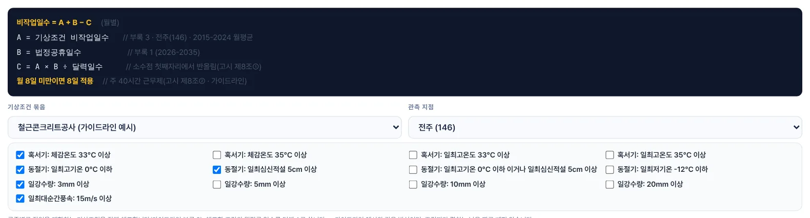 비작업일수 산정 — 공식과 기상조건