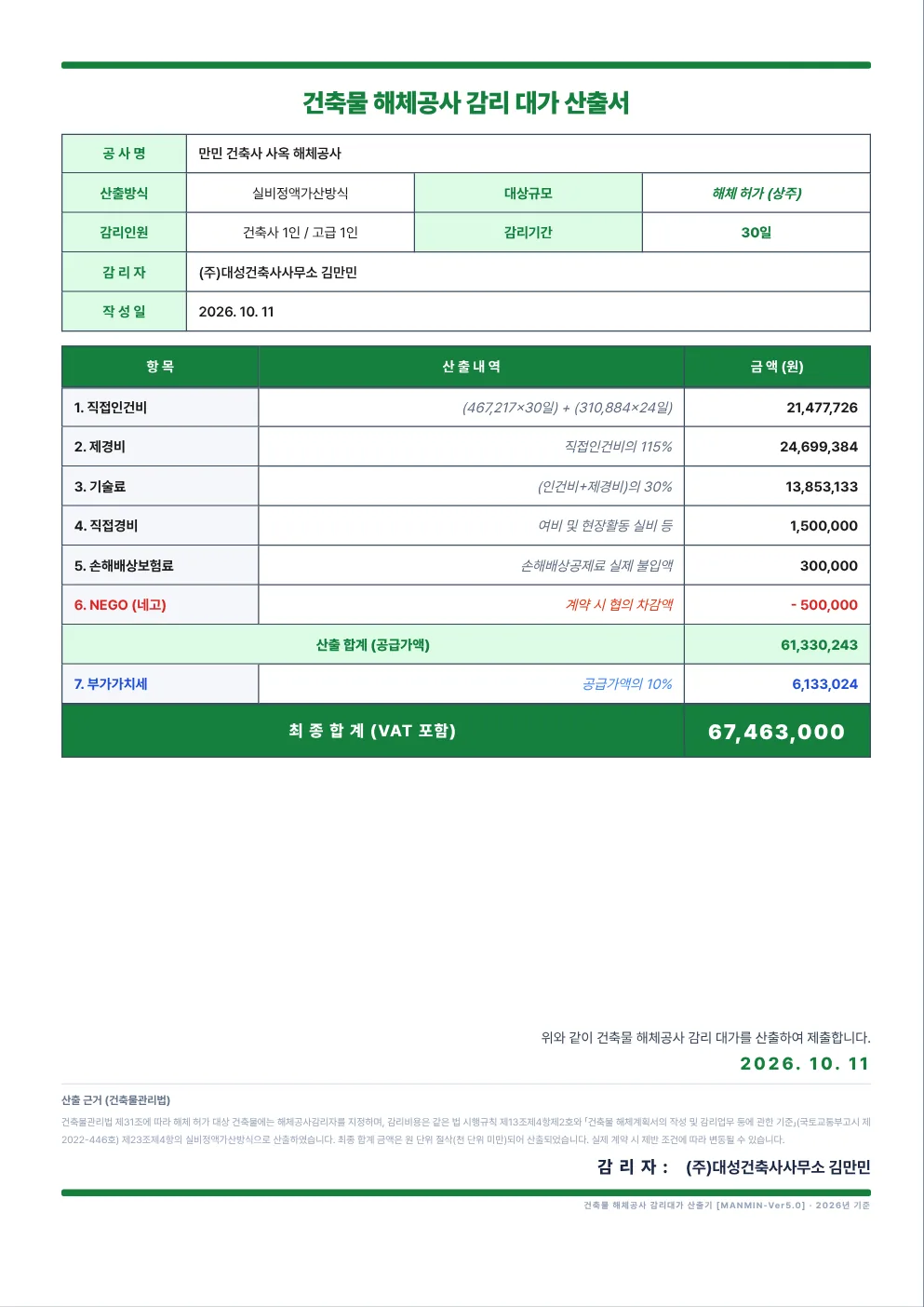 예제 B 산출서 — 합계 67,463,000원